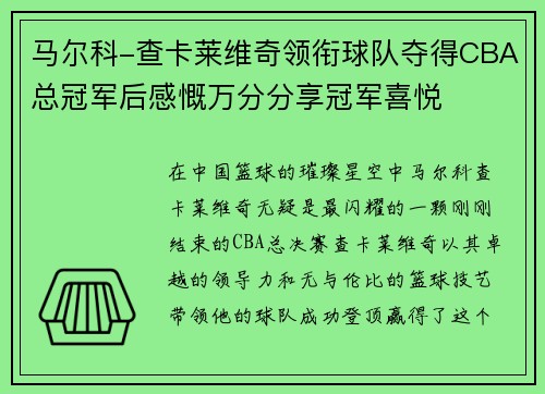 马尔科-查卡莱维奇领衔球队夺得CBA总冠军后感慨万分分享冠军喜悦